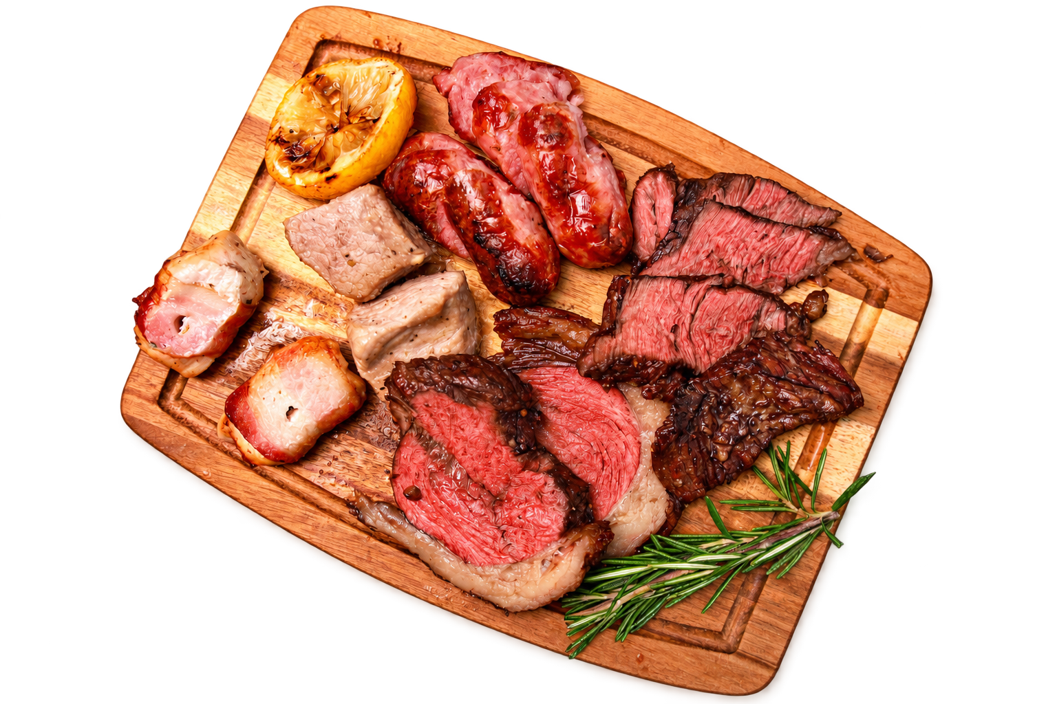 Parrilla mixta de The King of the Grill sobre una tabla de madera