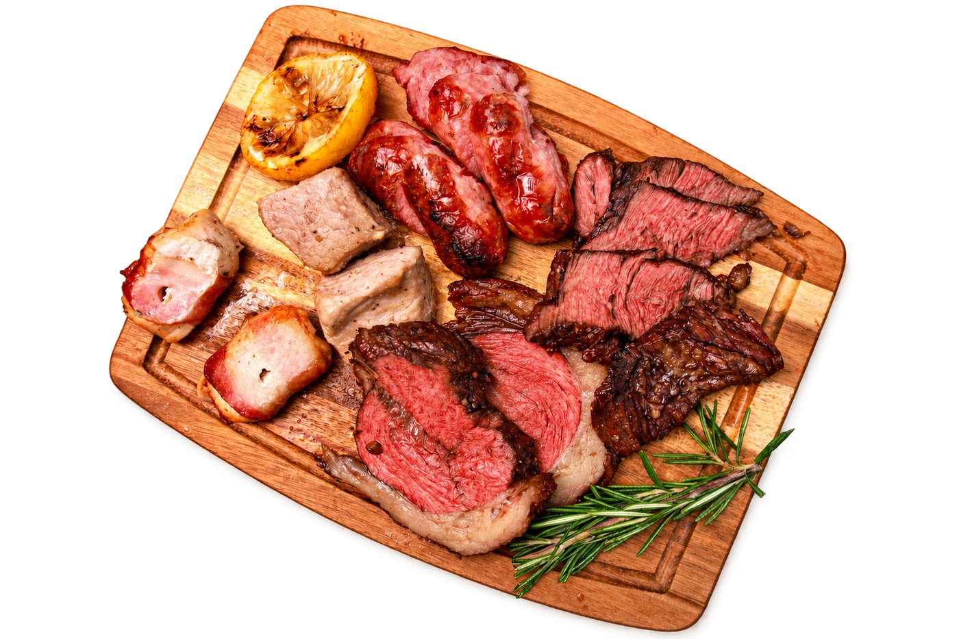 Parrilla mixta de The King of the Grill sobre una tabla de madera